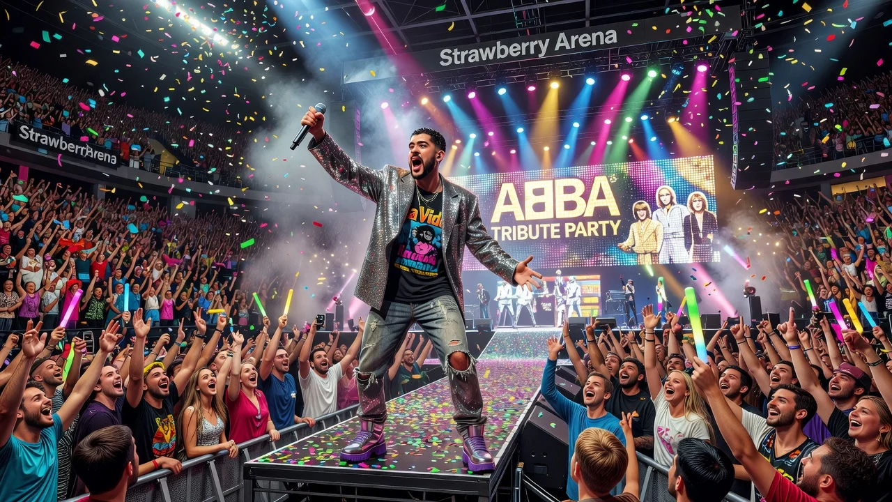 Bad Bunny performing at Strawberry Arena with a large crowd and ABBA tribute elements.