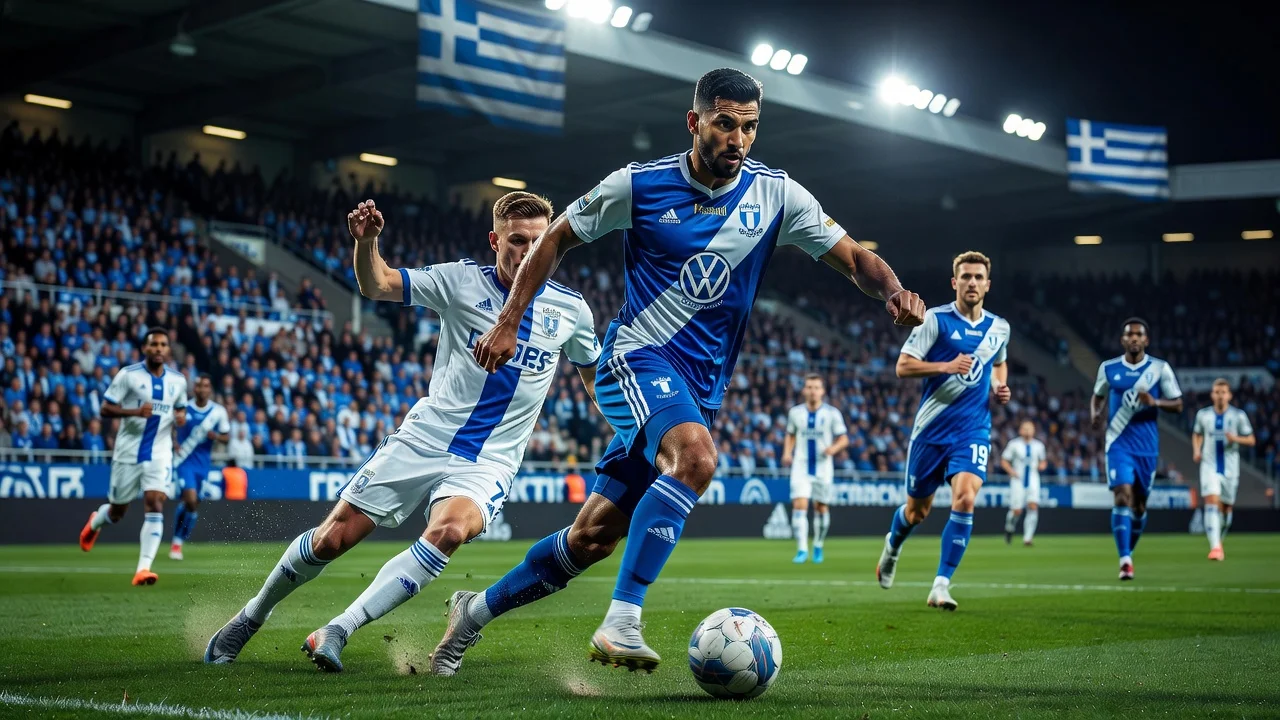 Taha Ali playing soccer for Malmö FF with stadium in background, representing news about interest from Paok FC.