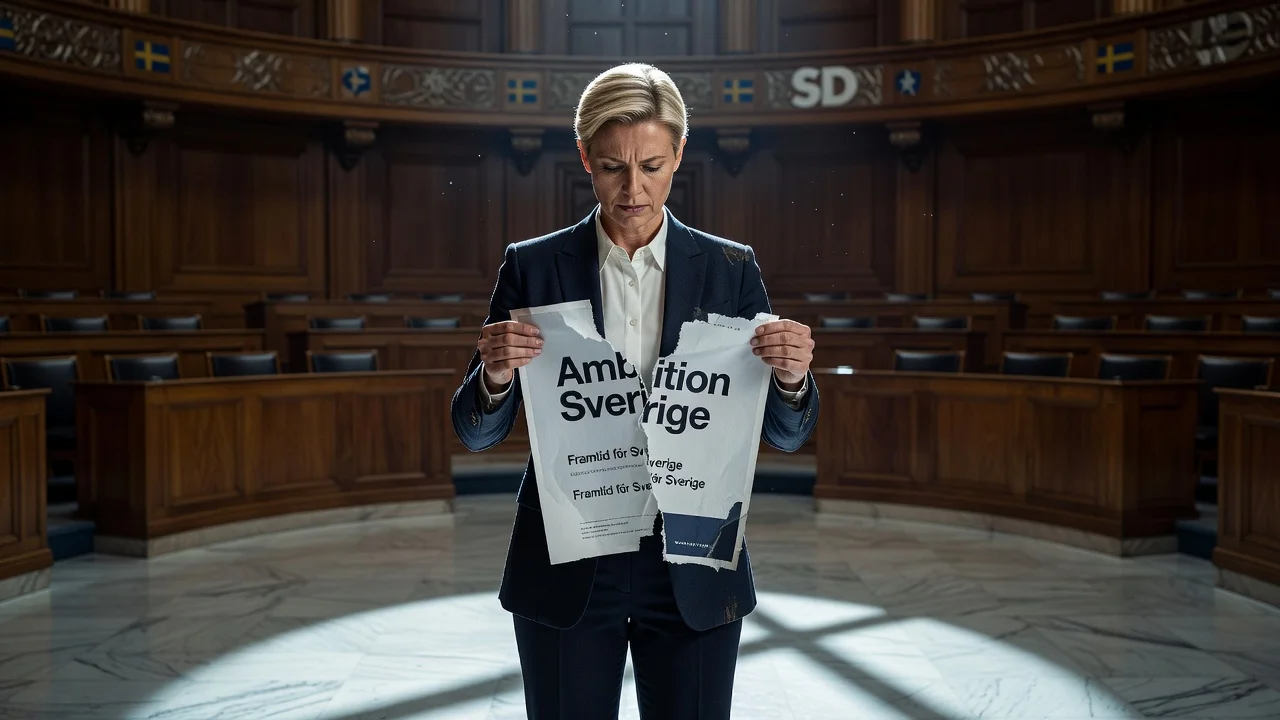 Realistic illustration of politician Katja Nyberg withdrawing from Ambition Sverige election list amid controversy