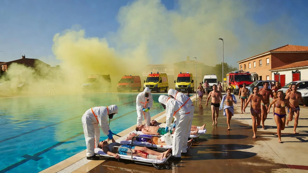 Emergency scene at a pool with injured people, responders, and a toxic cloud overhead after a chemical incident.