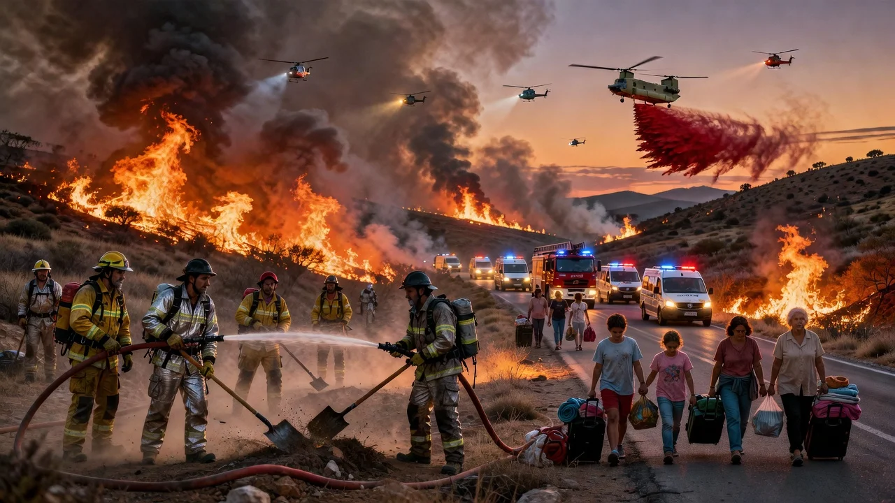 Dramatic scene of the Los Gallardos wildfire showing flames, smoke, and evacuations for a news article.