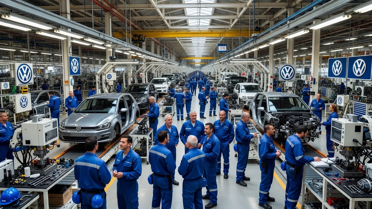 Volkswagen factory workers in Spain showing relief after job cuts were avoided.