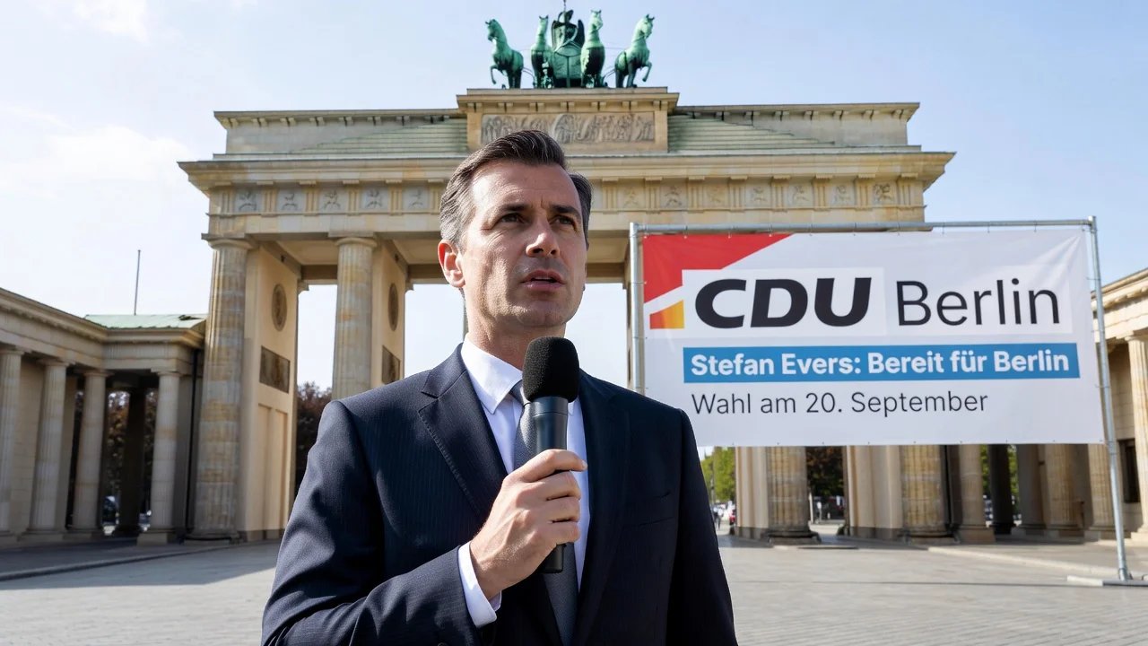 Stefan Evers standing confidently in front of the Brandenburg Gate with CDU banner, representing his new role as top candidate.