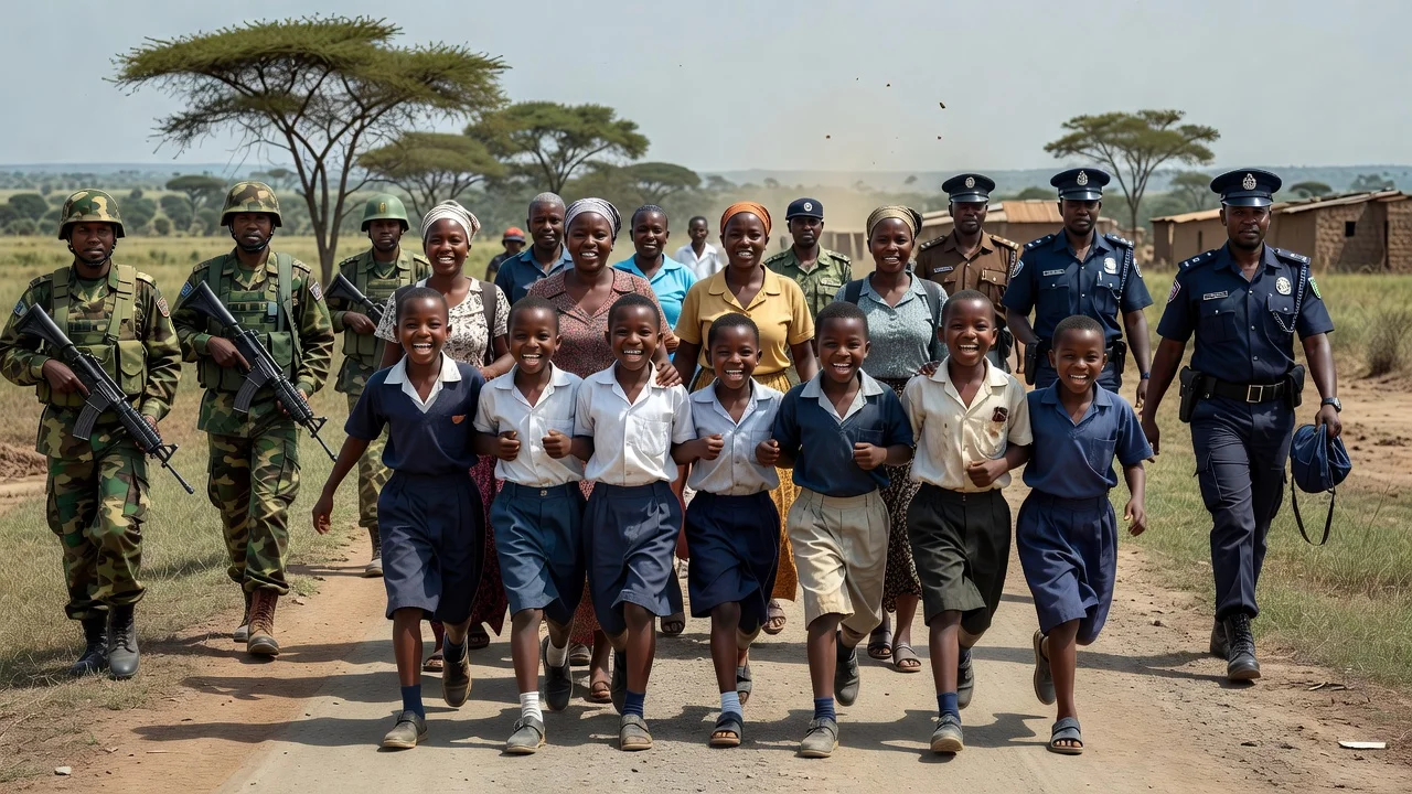Rescued Oyo pupils and teachers with Nigerian security forces after 56 days in captivity.