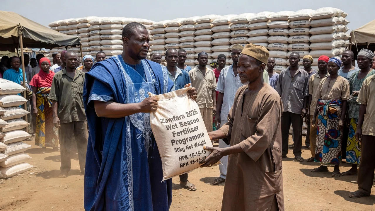 Governor Dauda Lawal distributing fertilizer bags to farmers during the Zamfara 2026 programme in Gusau.