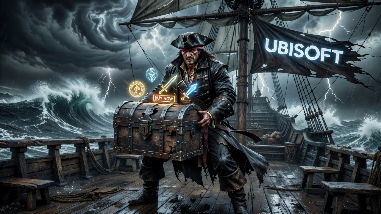 Realistic illustration of a pirate ship scene from Assassin's Creed with microtransaction symbols and controversy elements.