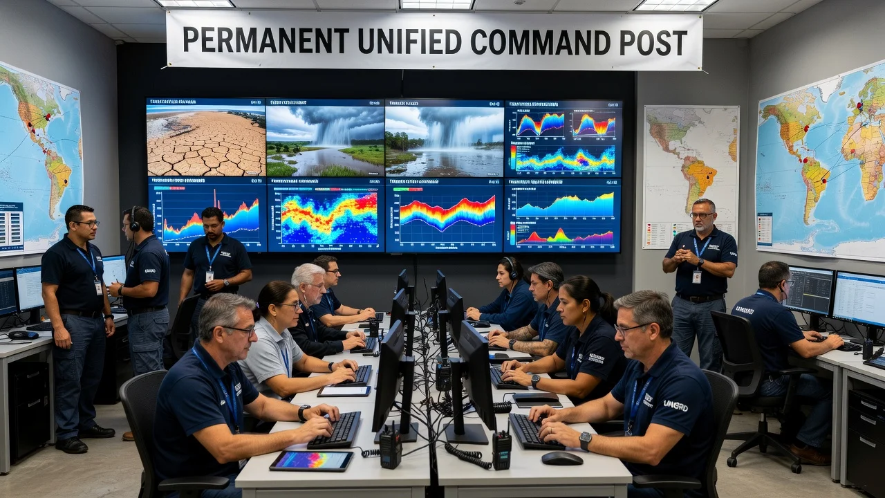 UNGRD officials monitoring El Niño data in a unified command center.