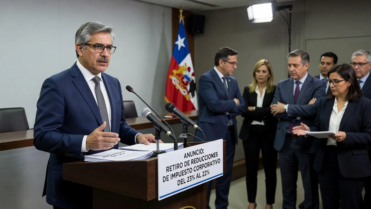 Finance Minister Jorge Quiroz at a press conference withdrawing tax cut indications to honor political agreement.