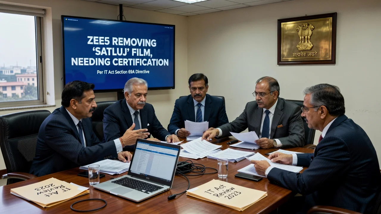 A realistic depiction of government officials discussing amendments to IT rules for OTT platforms following the Satluj film removal from ZEE5.