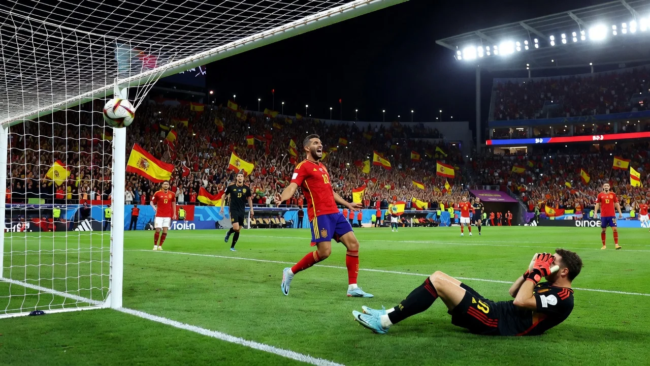 Mikel Merino celebrates scoring the late winning goal for Spain against Belgium in the World Cup quarter-final.
