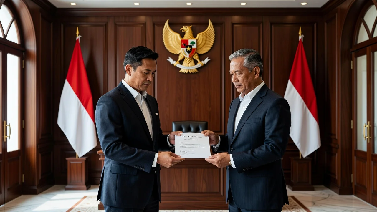 Illustration of Febrie Adriansyah resigning to the Attorney General in a formal office.