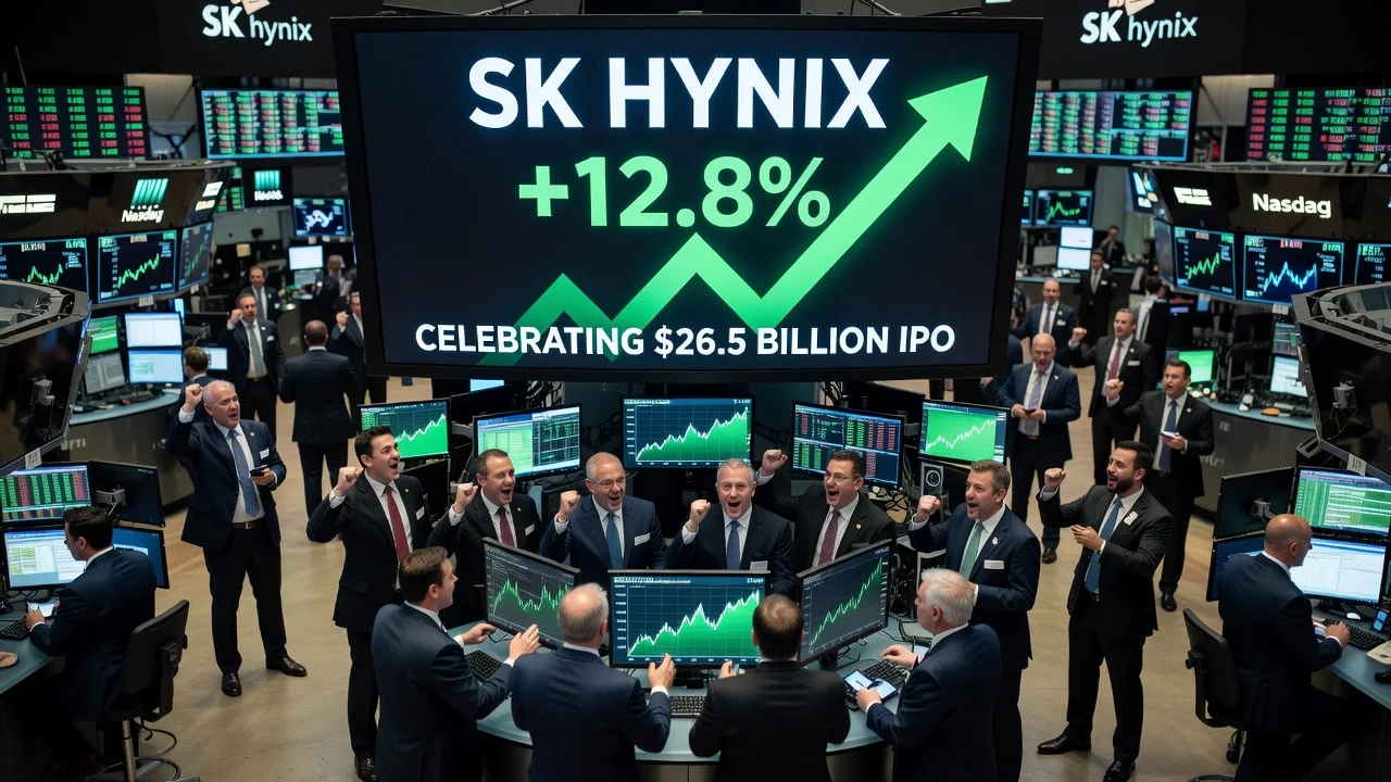 Illustration of SK hynix stock surging on Nasdaq debut day