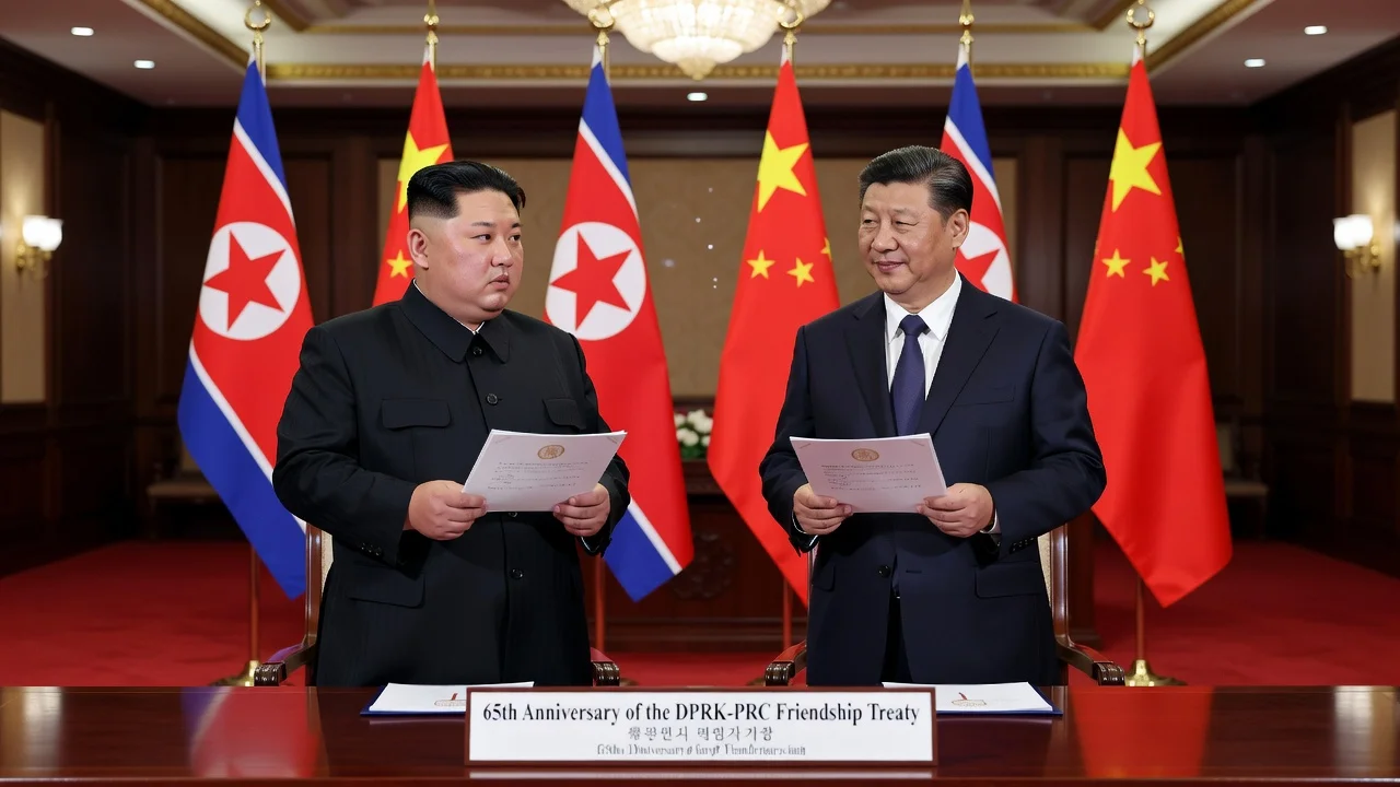 Illustration of Kim Jong-un and Xi Jinping exchanging messages for the 65th anniversary of their countries' friendship treaty.