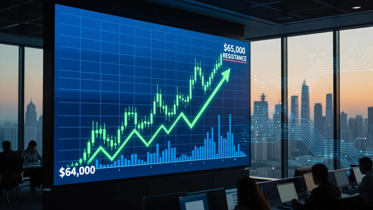 Bitcoin price chart rising toward $65,000 with Asian market elements