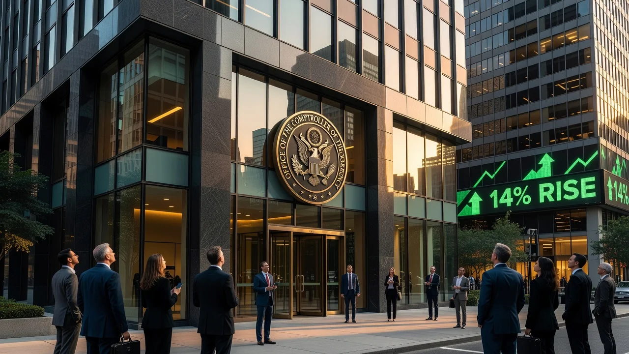 Illustration of Circle National Trust Bank headquarters with OCC seal and rising stock chart showing 14% gain.