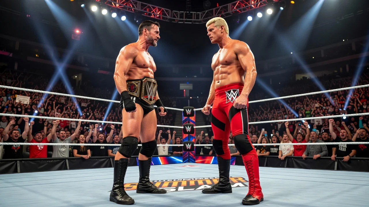 CM Punk and Cody Rhodes face off in the WWE ring for the Undisputed Championship at SummerSlam.