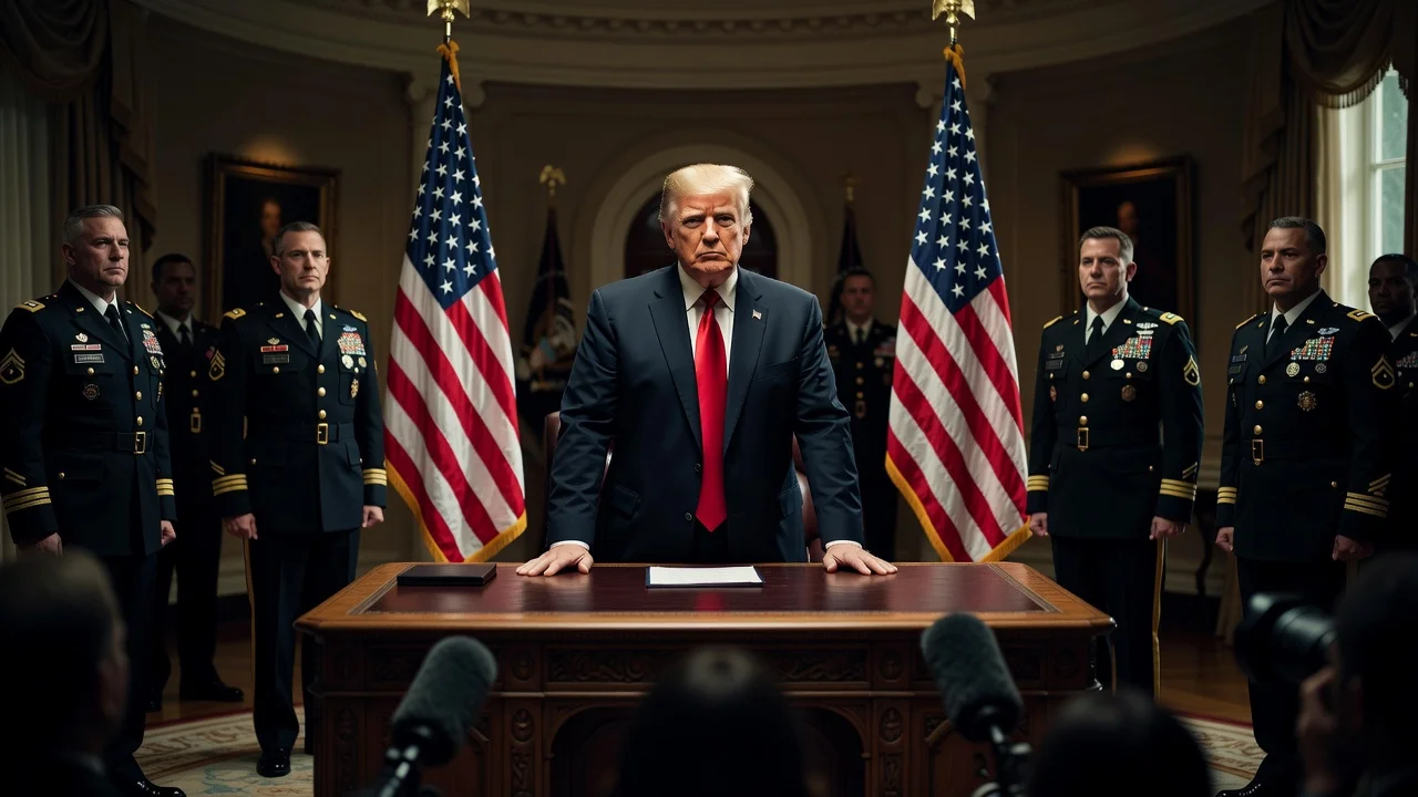 Illustration of President Trump outlining military plans in response to Iranian threats.