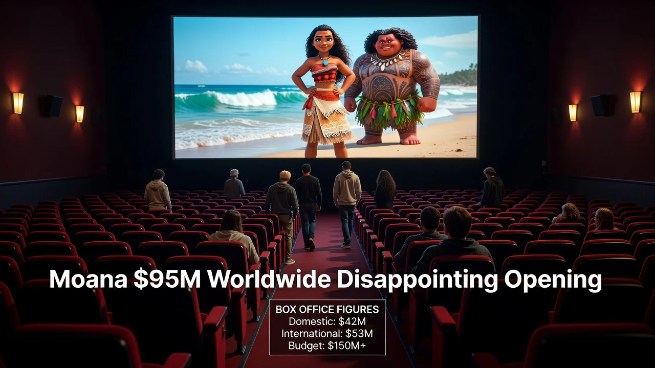 Illustration of a sparsely attended movie theater showing the disappointing box office for the Moana remake.