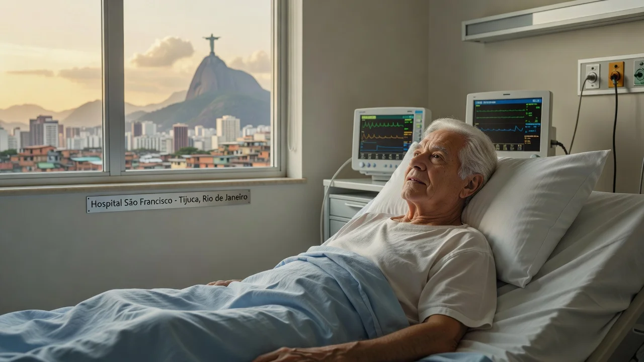 Elderly actor Rui Rezende resting peacefully in a Rio hospital room with city view.