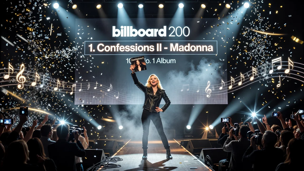 Madonna holding her Confessions II album on stage celebrating her Billboard 200 number one debut.