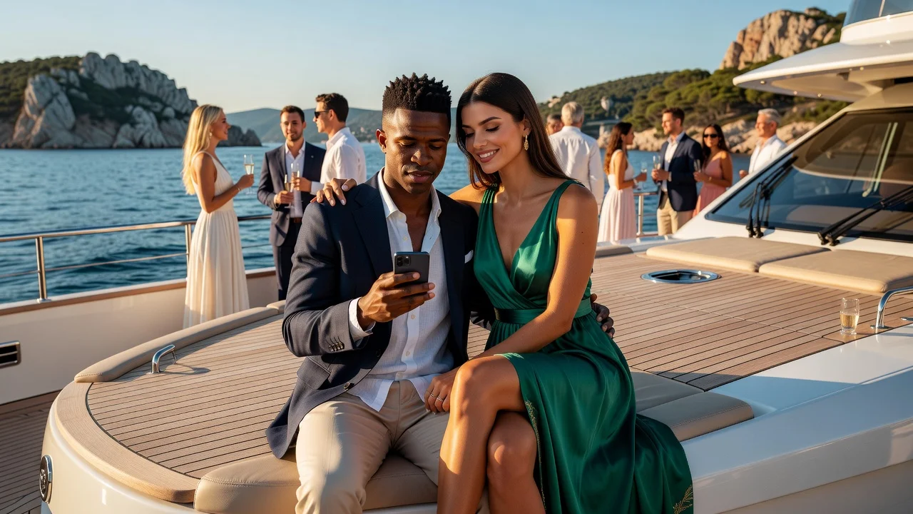 Virginia Fonseca sitting on Vini Jr.'s lap on a boat in Sardinia while he uses his phone at his birthday party.