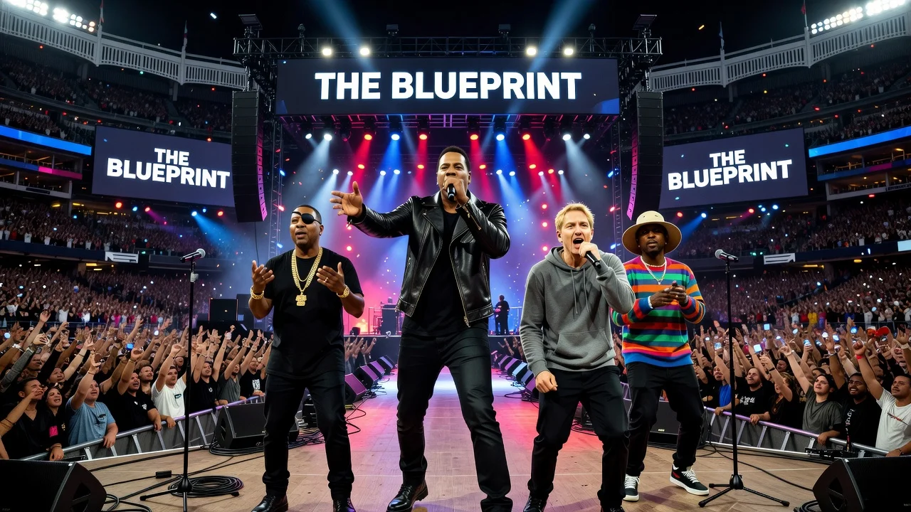 Jay-Z and guests performing on stage at a crowded Yankee Stadium concert at night.
