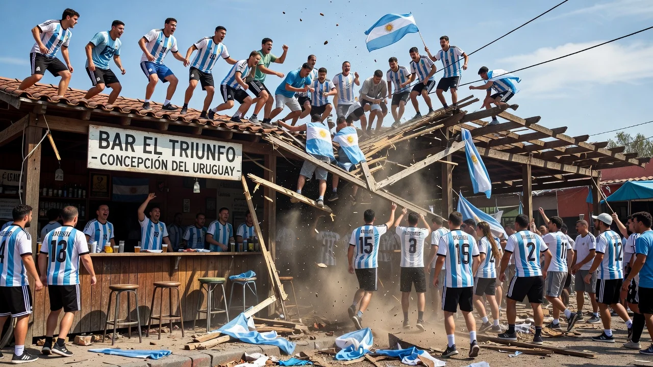 Argentina fans causing a bar pergola to collapse while celebrating a soccer win.