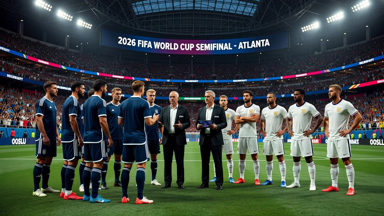 Argentine players in alternate kit consulting FIFA officials before a World Cup match against England in Atlanta.