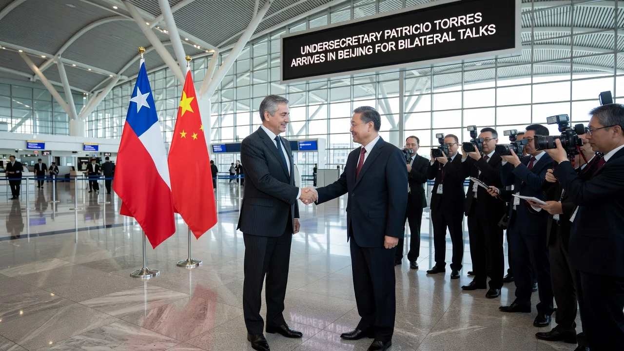 Undersecretary Patricio Torres shaking hands with Chinese officials during his visit to China, with flags in the background.