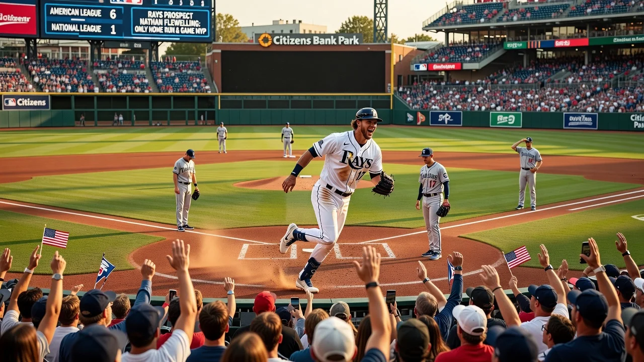 Illustration of Nathan Flewelling hitting the winning home run in the Futures Game.