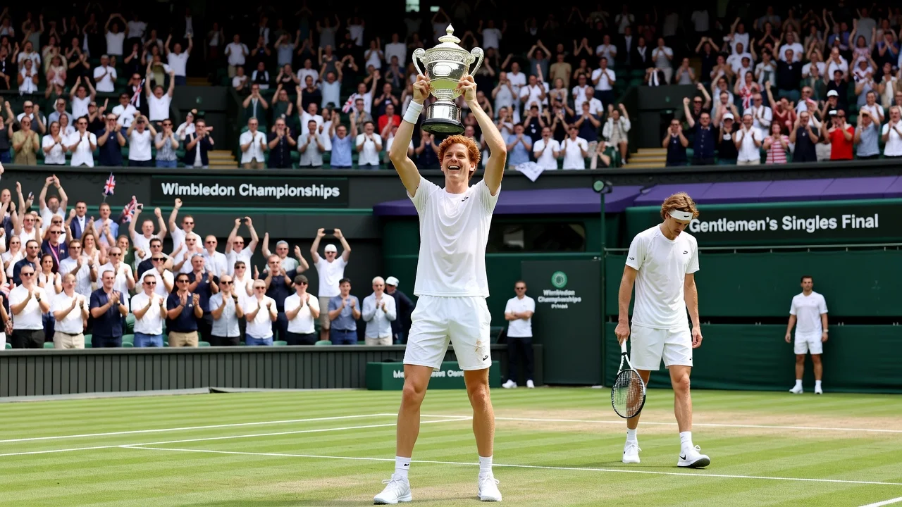 Jannik Sinner holding the Wimbledon trophy on Centre Court after defeating Alexander Zverev.