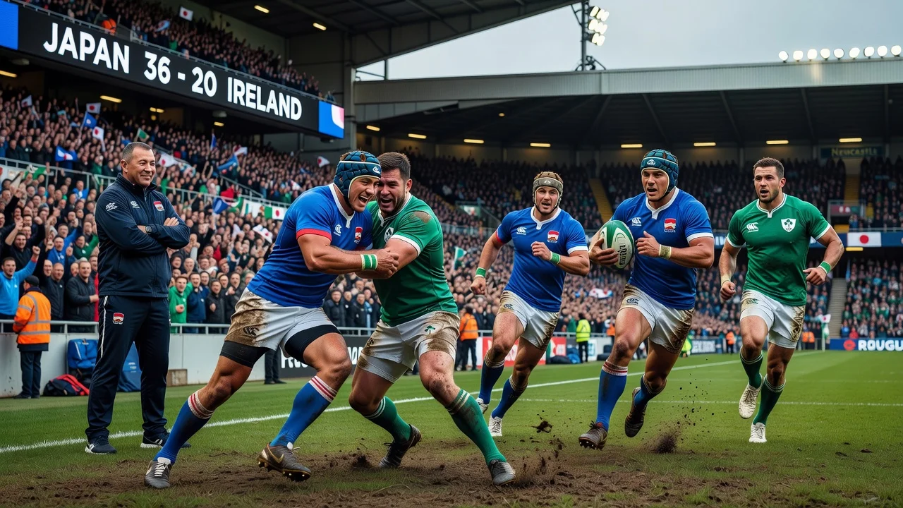 Rugby match action between Japan and Ireland with coach Eddie Jones on the sidelines