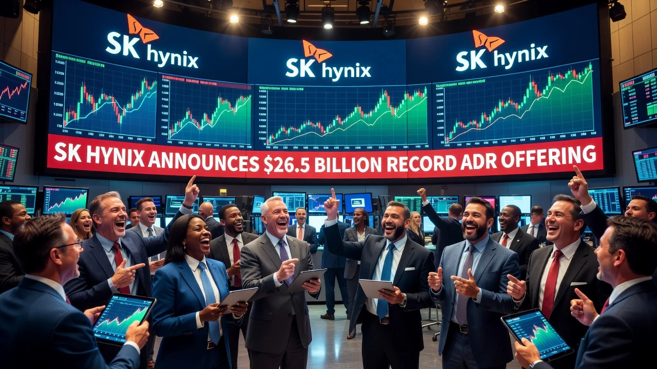 Illustration of SK hynix's record Nasdaq ADR offering of $26.5 billion, showing trading floor activity.
