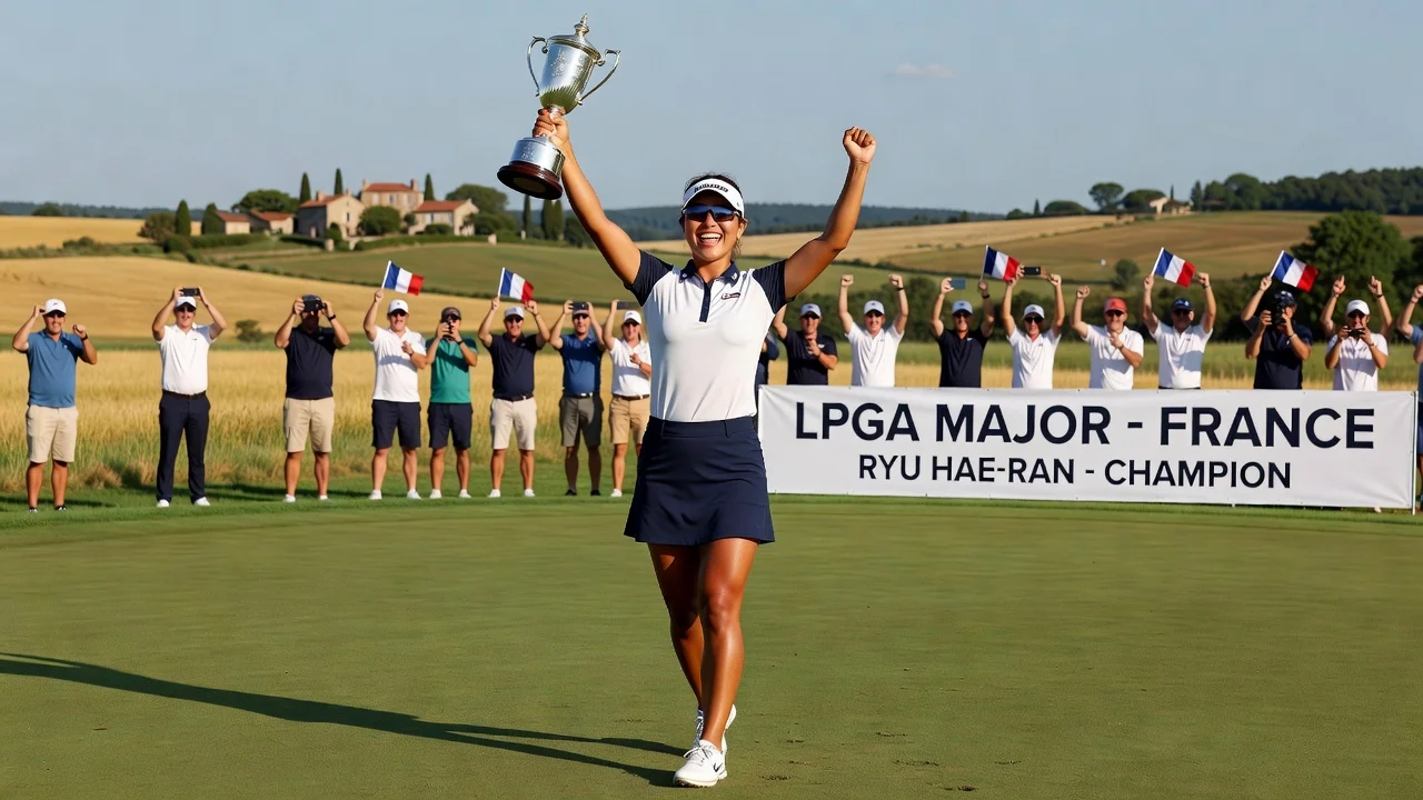 Ryu Hae-ran celebrating her LPGA major golf title win in France with a trophy on the course.
