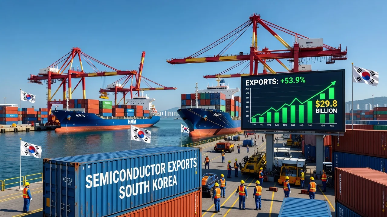 Illustration of South Korea's export growth driven by semiconductor shipments, featuring a busy port with ships and rising charts.