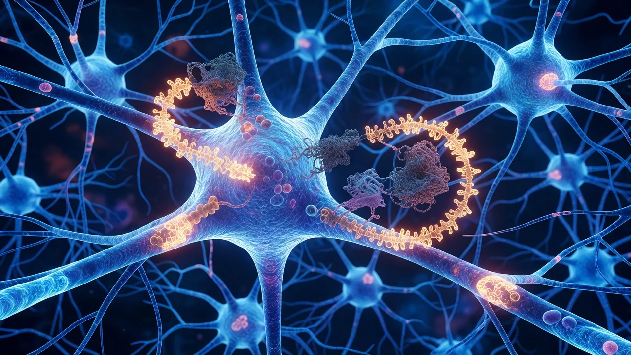 Microscopic illustration of neurons showing proteins helping misfolded alpha-synuclein enter brain cells in Parkinson's research