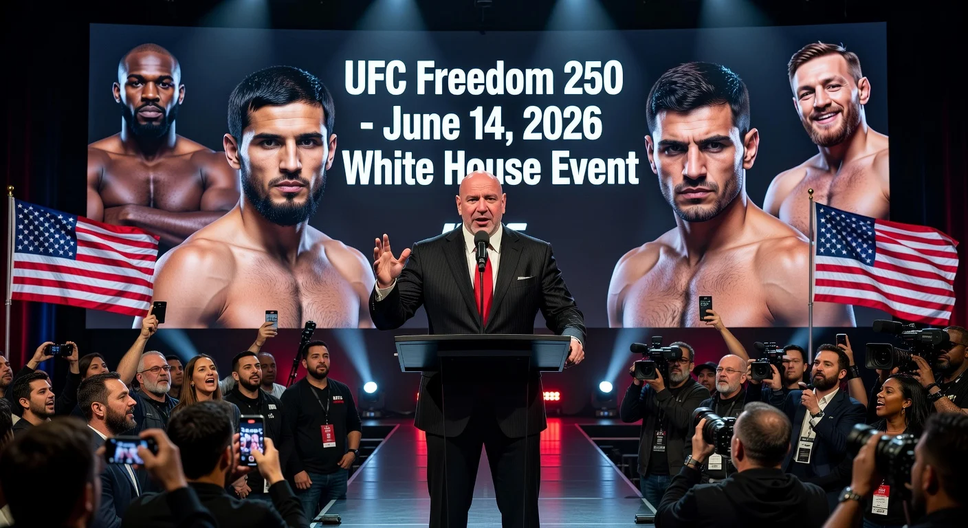 Dana White at podium addressing UFC Freedom 250 rumors and backlash from Jones and McGregor during Power Slap event.