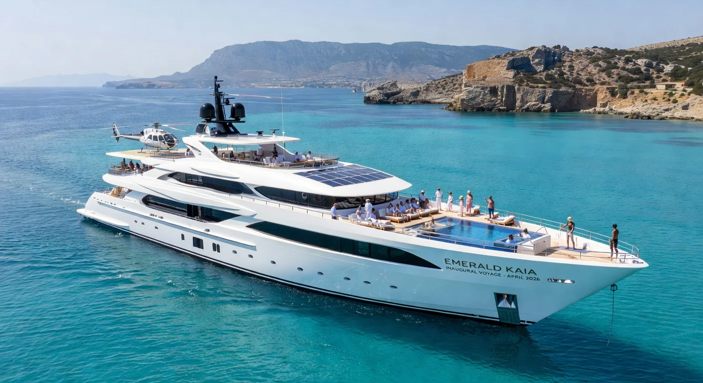 Photorealistic illustration of the Emerald Kaia superyacht debuting in the Mediterranean from Cyprus in 2026, featuring luxury decks, wellness amenities, and scenic waters.
