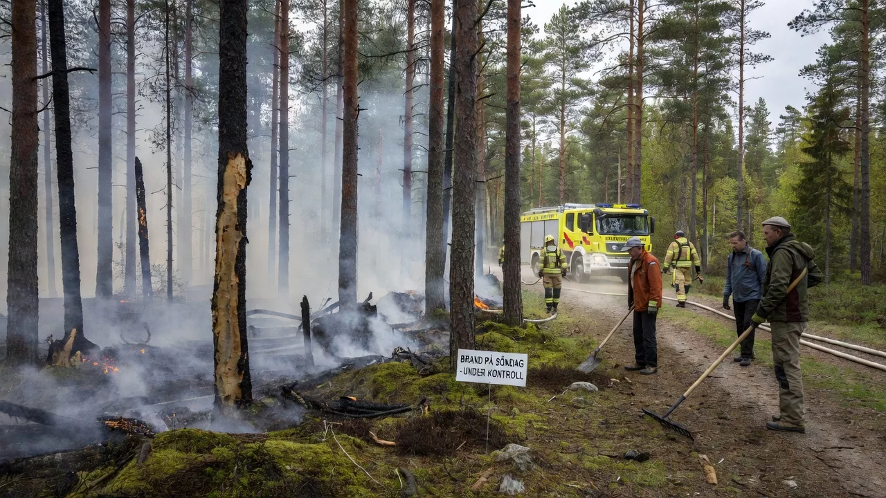 Controlled forest fire aftermath in Boxholm woodland with smoke, departing rescuers and monitoring landowners.