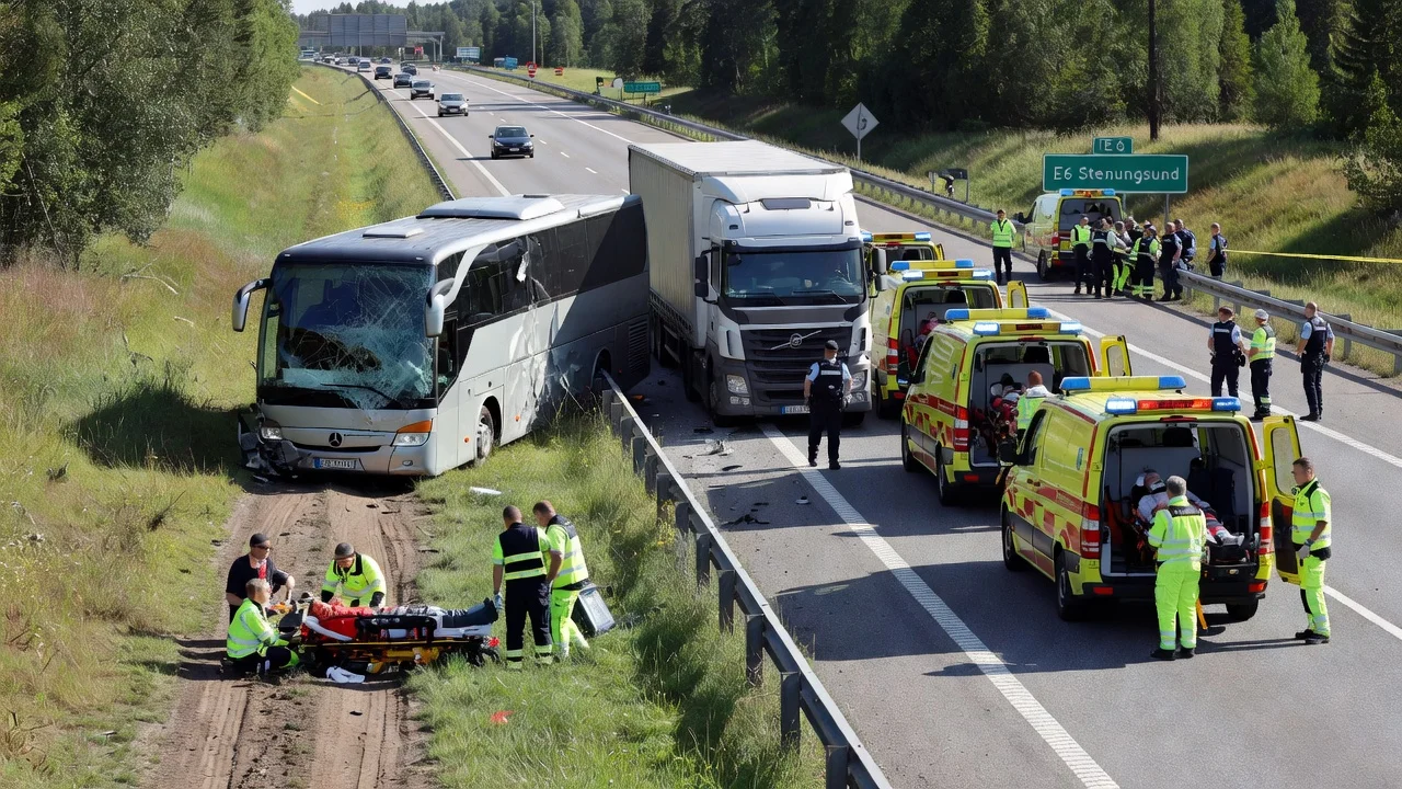 Aftermath of a bus-truck collision on a highway with emergency services assisting the injured.