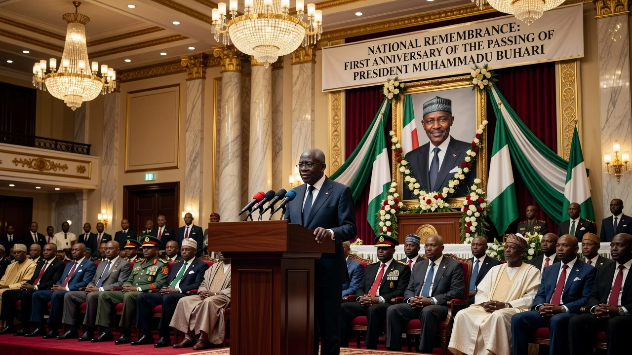President Bola Tinubu leading tributes to the late former President Muhammadu Buhari at a solemn memorial event in Abuja.