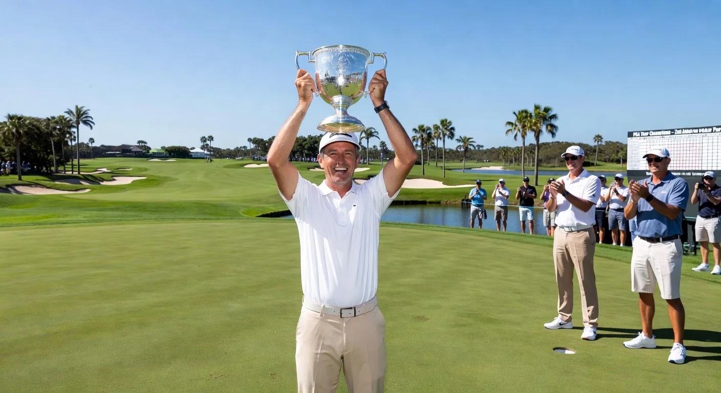 Zach Johnson celebrates PGA Tour Champions debut win, holding trophy on the green at Broken Sound Club.