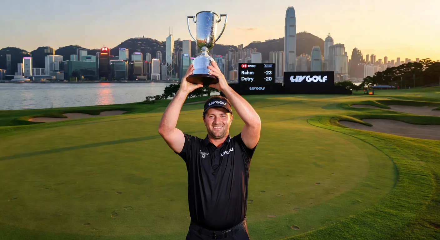 Jon Rahm holds LIV Golf Hong Kong trophy aloft on the 18th green, Hong Kong skyline behind, celebrating dominant 23-under win.
