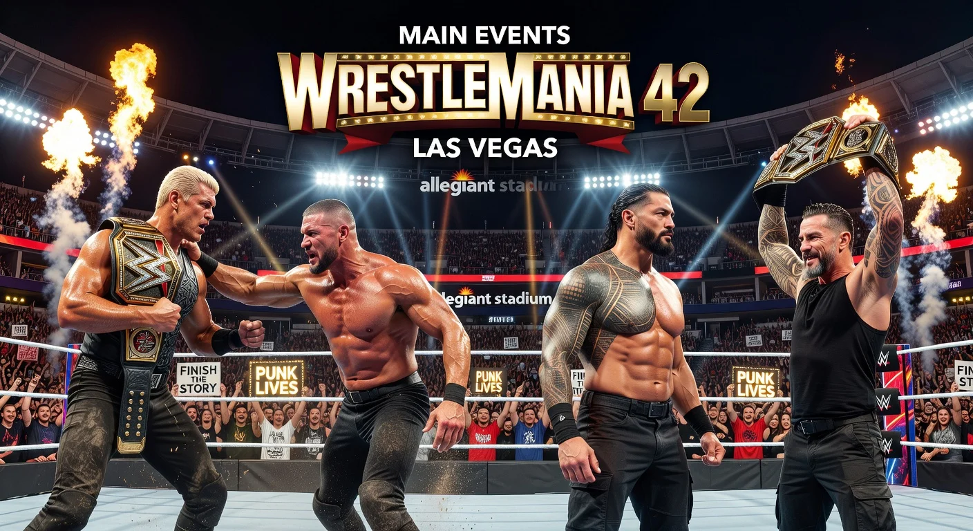 Dramatic illustration of WrestleMania 42 main events: Cody Rhodes vs. Randy Orton and Roman Reigns vs. CM Punk at Allegiant Stadium.