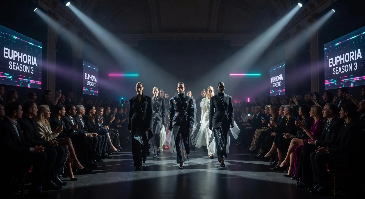 Balenciaga Fall 2026 ClairObscur runway show at Paris Fashion Week, with dramatic chiaroscuro lighting and Euphoria collaboration elements.