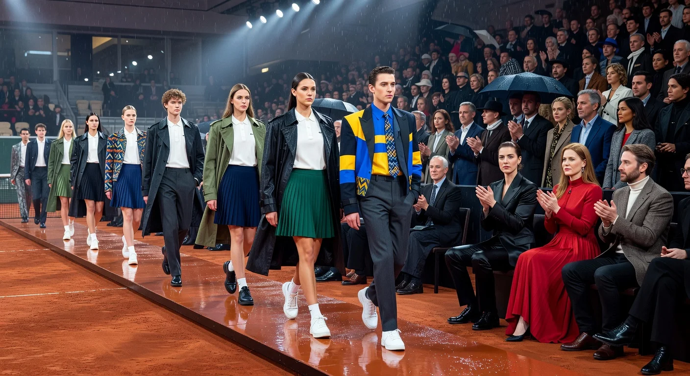 Lacoste Fall 2026 runway show at Roland Garros with celebrities Aubrey Plaza, Amy Adams, and Kieran Culkin in the front row.