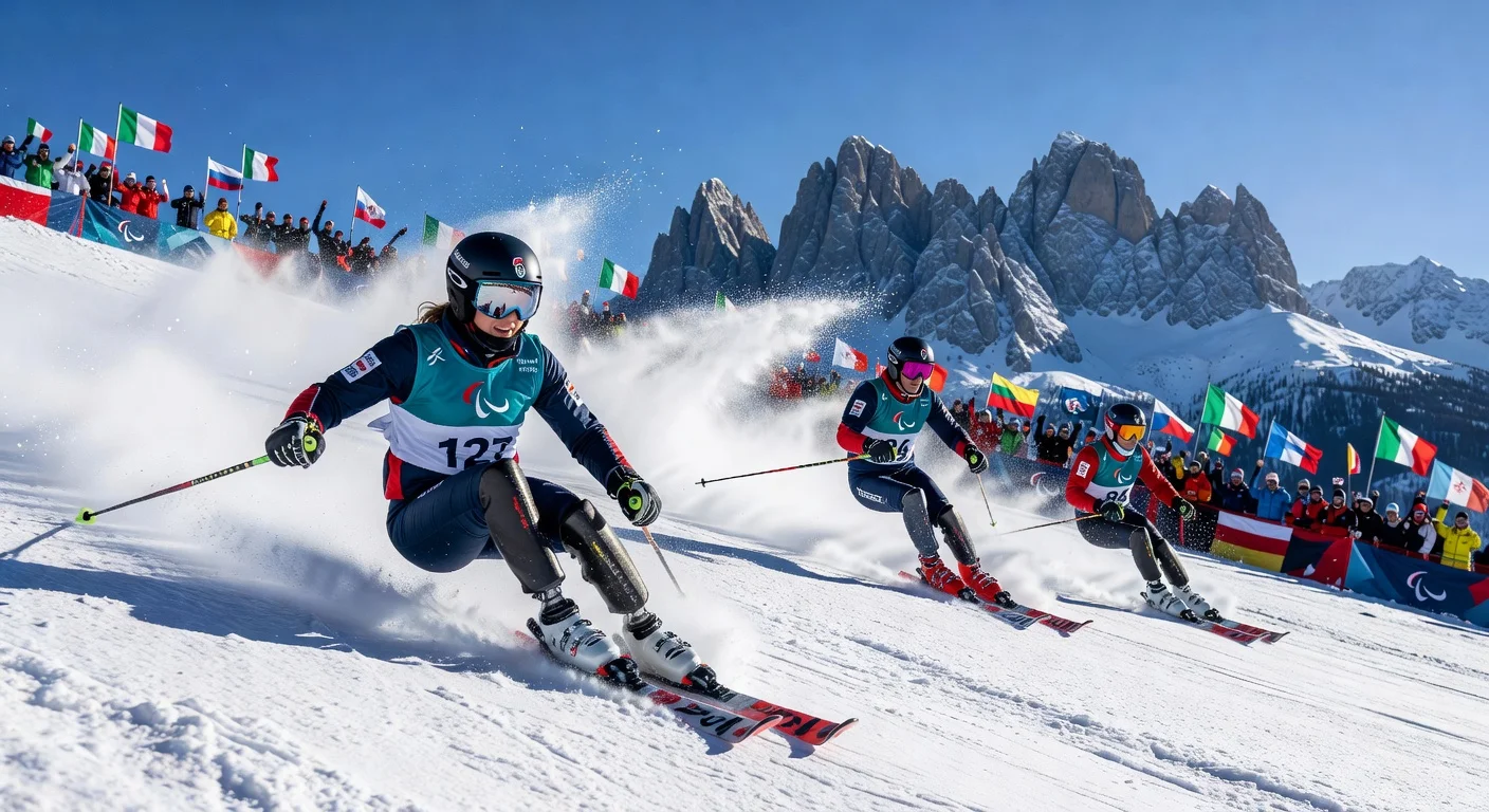 Para alpine skiers in intense super-G race at Paralympic Winter Games, showcasing determination across categories on snowy Dolomite slopes.