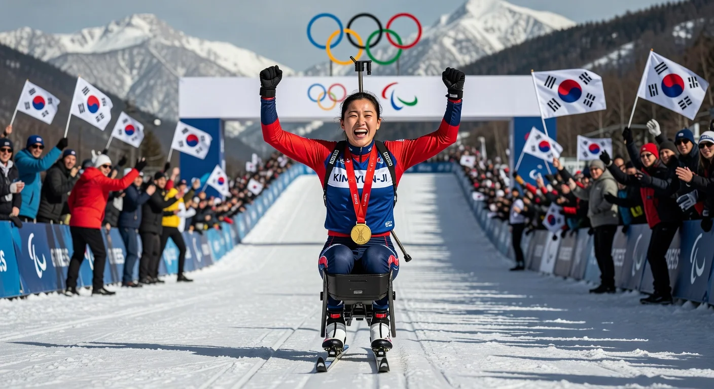 Kim Yun-ji, South Korean para-biathlete, celebrates historic gold medal in sitting biathlon at 2026 Winter Paralympics.