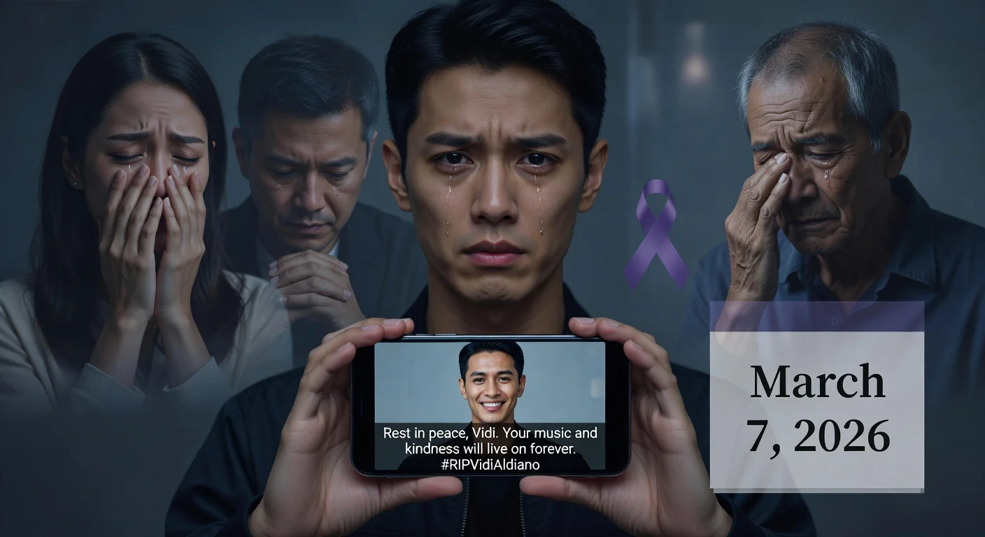 Photorealistic illustration showing EXO's Lay Zhang and others expressing grief over singer Vidi Aldiano's death from kidney cancer.