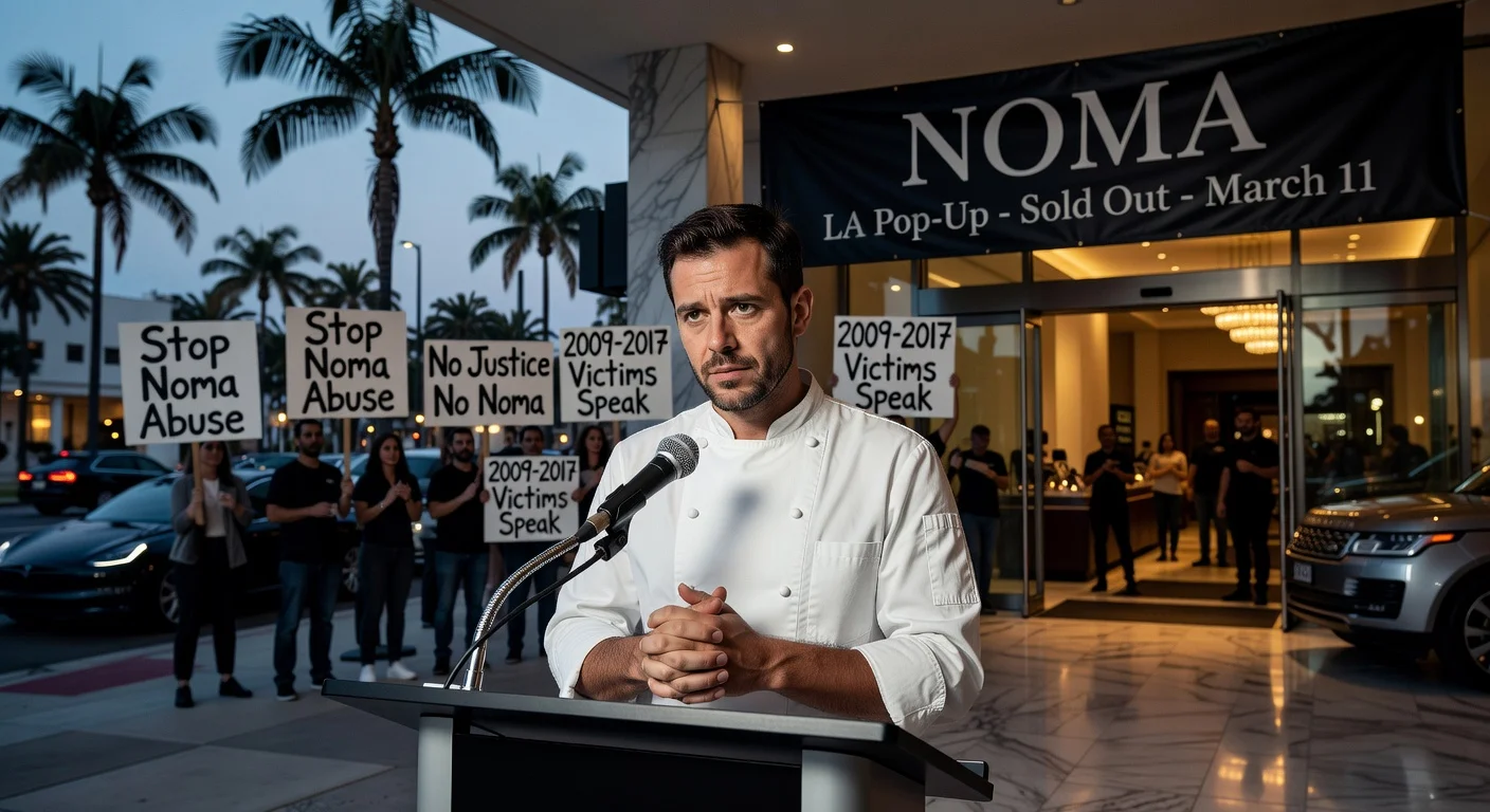 Chef René Redzepi apologizes at podium for Noma abuse allegations, protesters visible outside sold-out LA pop-up venue.